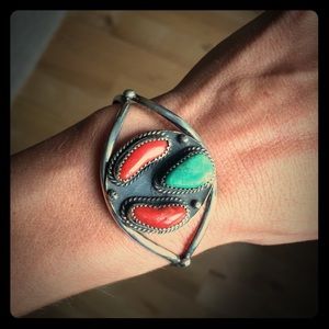 Sterling turquoise & coral vintage cuff bracelet